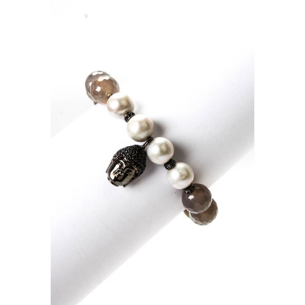 Designer Womens 925 Silver Gray Chalcedony+Pearl+Zircon Buddha Bead Bracelet
